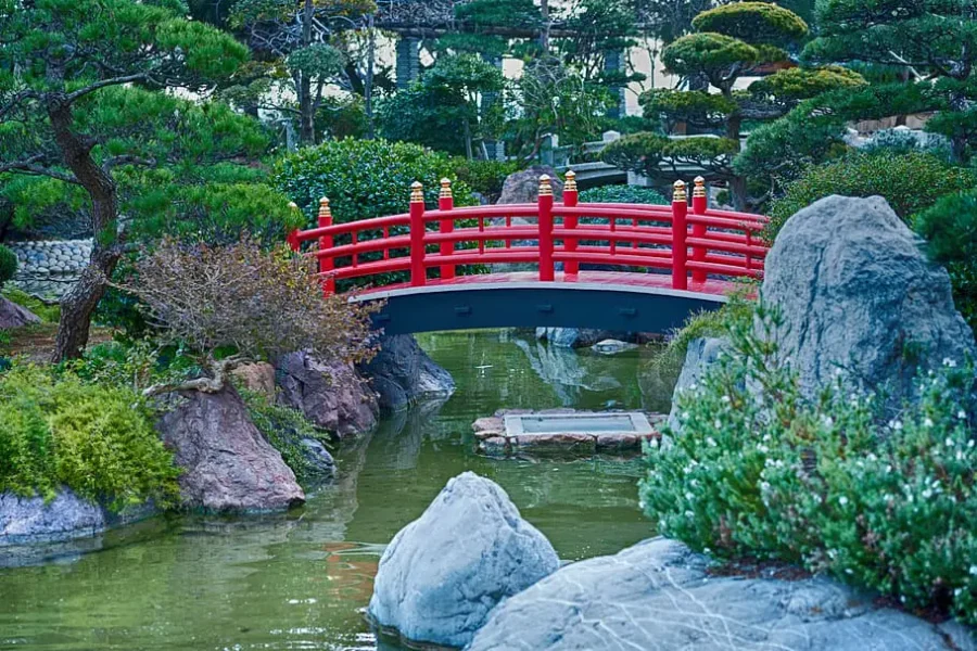 Japanese water garden and bridge